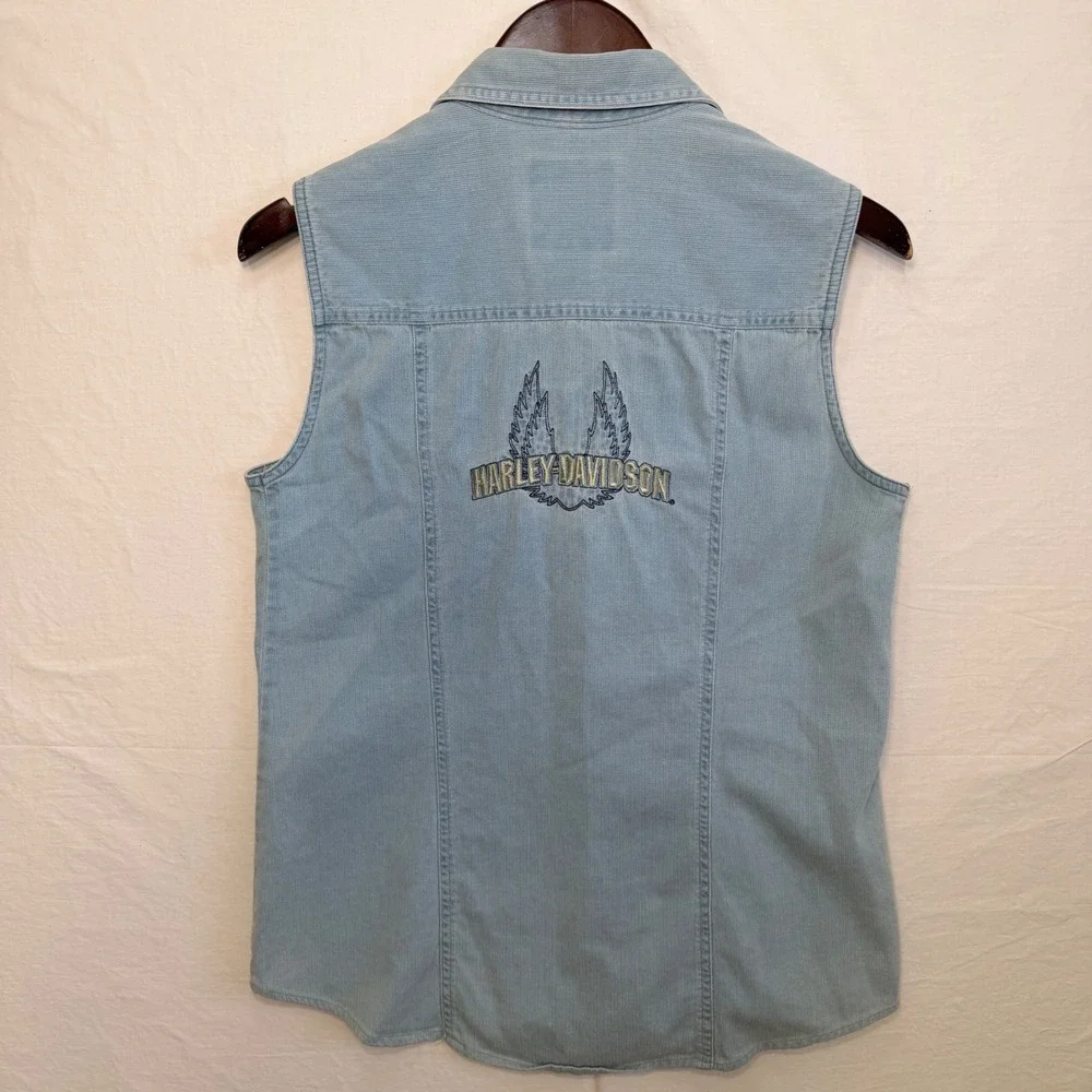Y2K Harley Davidson Denim Vest Biker Blues Womens M Sleeveless Button Shirt